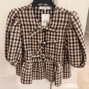Women's Puff Sleeve Front tie wool top - Brown and Cream with lurex